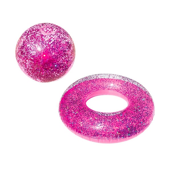 2pc Land & Sea Bling Inflatable Swimming Pool Ring Ball Set Water Float Pink Carousel 1