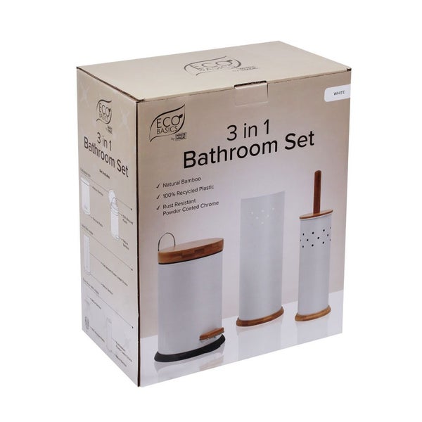Eco Basics 3-in-1 Bathroom Toilet Roll Holder Storage 3L Rubbish Bin Set White Carousel 2