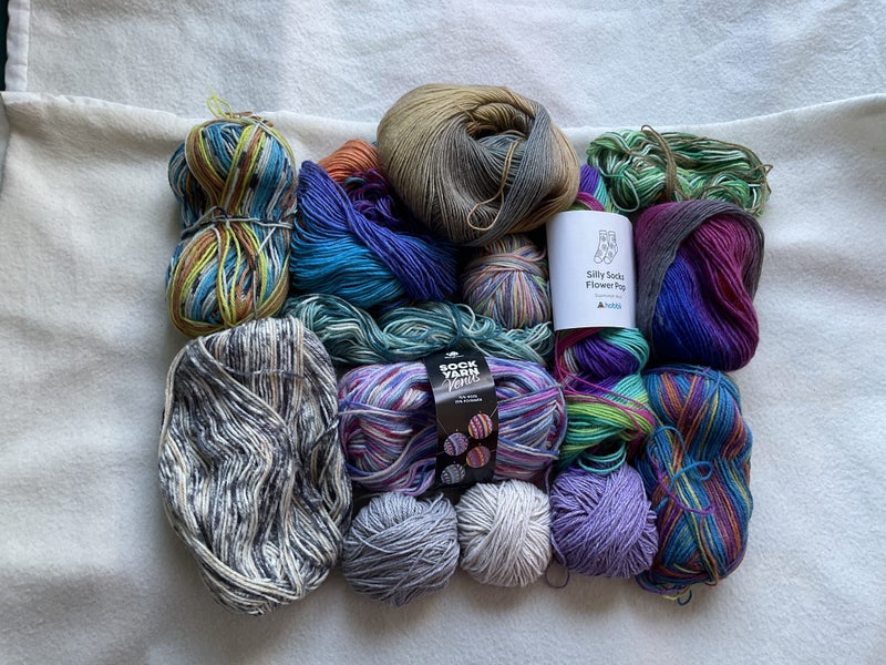 330g Left-over Sock Yarn ~ Hobbii, Venus, Silly Sock, Merino Cotton, Ice + Carousel 1