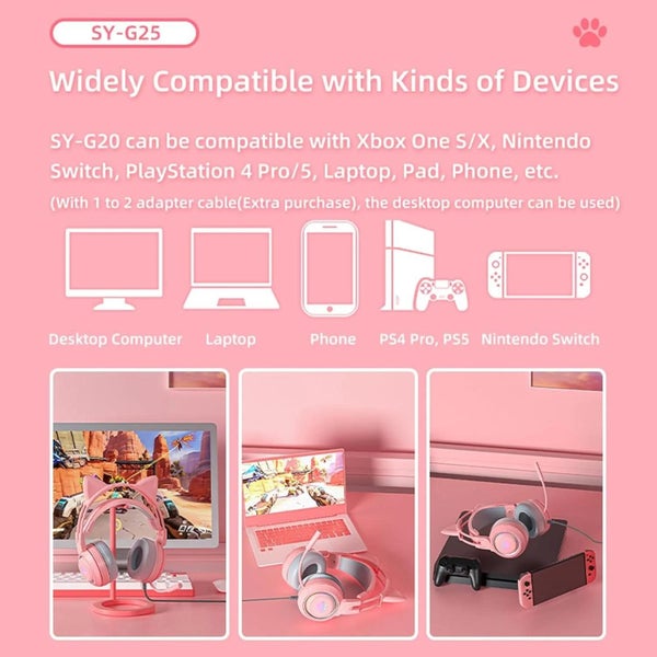 Ear Gaming Headset Wired Headphones with Microphone for PC PS4 PS5 One Pink Carousel 2