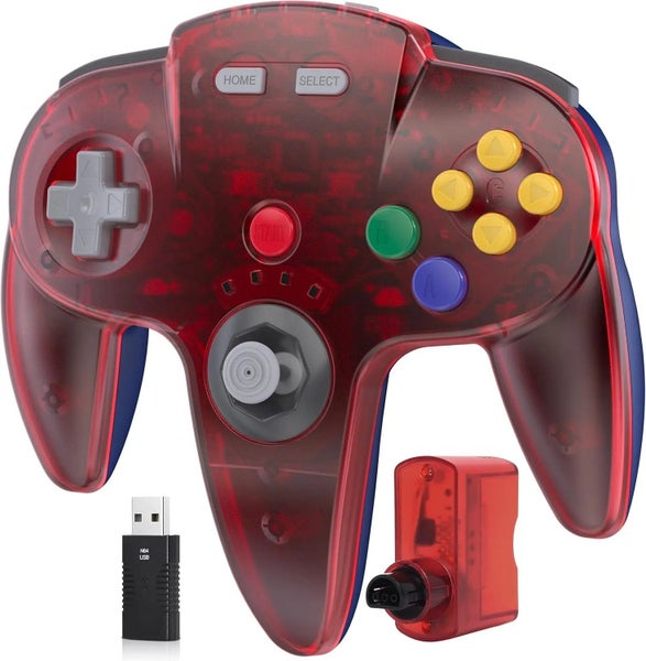 Wireless N64 Controller 2.4 GHz - Switch, PC, Mac, iOS w/ USB - Clear Red Blue Carousel 1