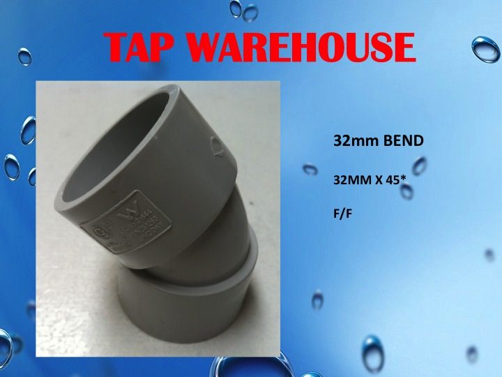 Tapwarehouse DWV PVC bend FITTING 32 MM X 45 ° FF Carousel 1