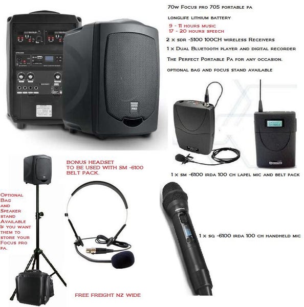 Focus PRO Lithium 70w PA w Bluetooth rcvr player Hand/held, Lapel, Headset mics Carousel 1