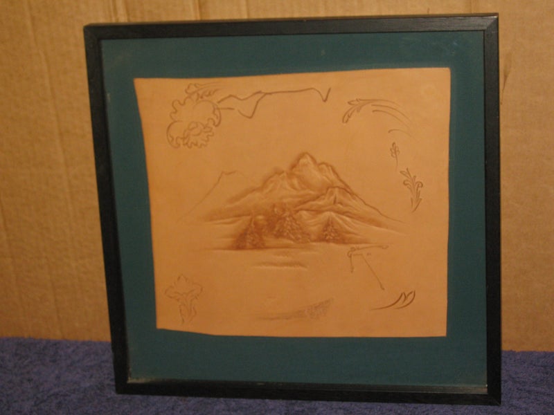 Bill Gomer Original Leather work Picture Mountains & Trees Scene Carousel 2