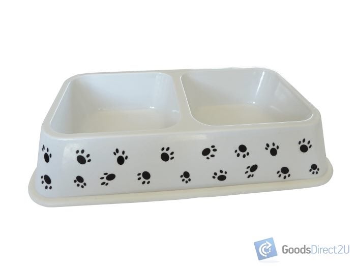 Pet Bowl - Large Double - White, Black Paws Carousel 1