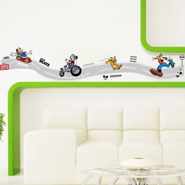 Cartoon Mickey Mouse Skating Riding Race Wall Stickers For Kids