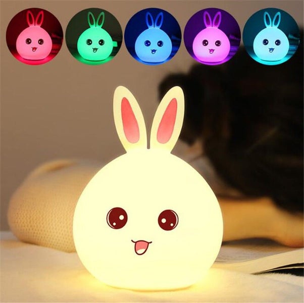 Night Light, Lovely Rabbit Silicone Lamp,Rechargeable, Tap can Change color Carousel 3