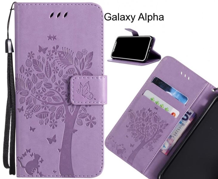 Galaxy Alpha case leather wallet case embossed cat & tree pattern Carousel 1