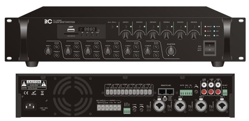 350w/ 100v Mixer Amplifier. 6 zone, 4 Mic, 2 Aux, MP3 + T216 paging mic Carousel 1