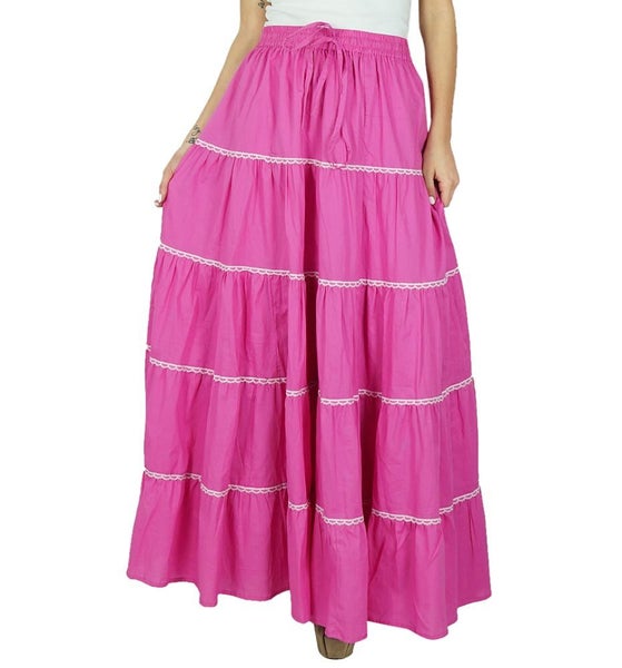 Bimba Women Pink Cotton Frill Skirt Long Flaired Elastic Waist Maxi Bottoms