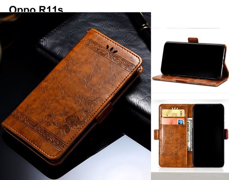 Oppo R11s case retro leather wallet slim cow hide finish brown Carousel 1
