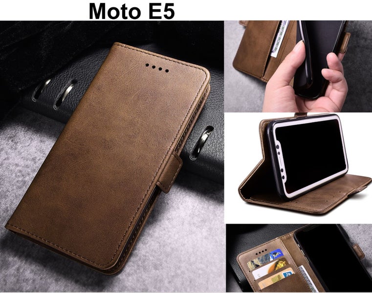 Moto E5 case leather wallet slim cow hide finish side magnet D brn Carousel 1