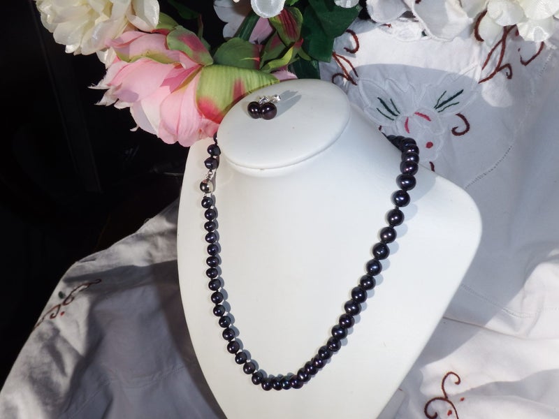 Black Freshwater Pearl Necklace with Matching Earrings - #PN3 Carousel 1