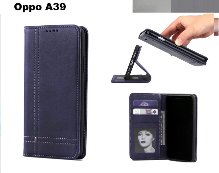 Oppo A39 case flip leather ultra slim cow hide finish stitched navy Carousel 1