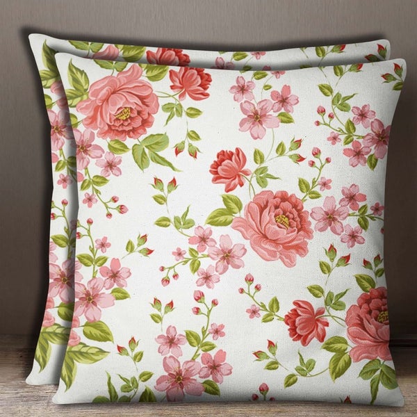 Decorative 2 Pcs Floral Print Cushion Cover Cotton Poplin White Pillow Case