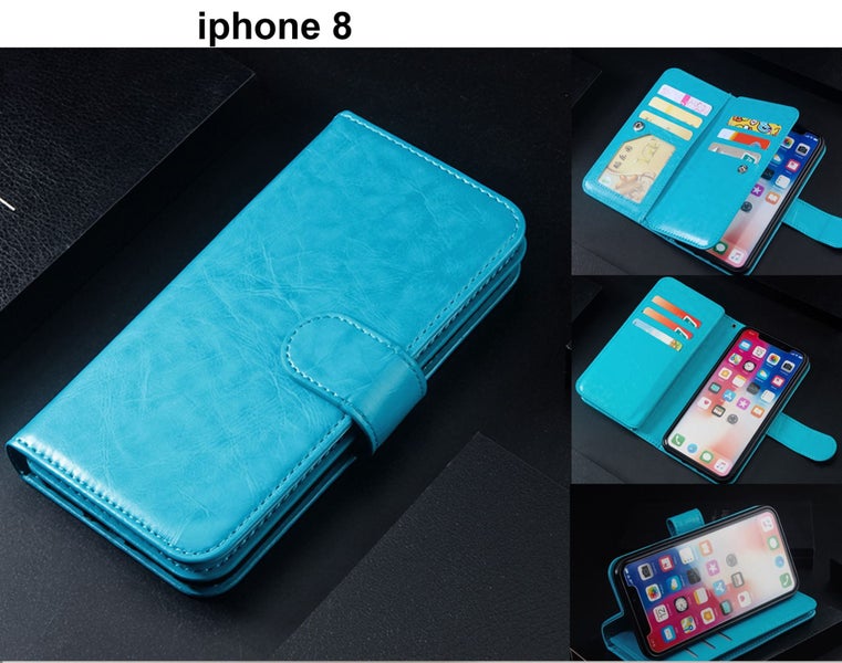 Iphone 8 case triple wallet PU leather 9 cards ID 3 pockets blue Carousel 1