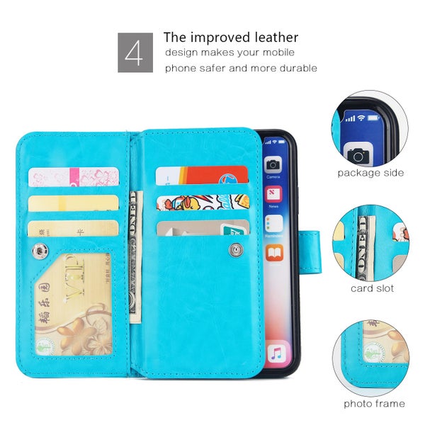 Iphone 8 case triple wallet PU leather 9 cards ID 3 pockets blue Carousel 8