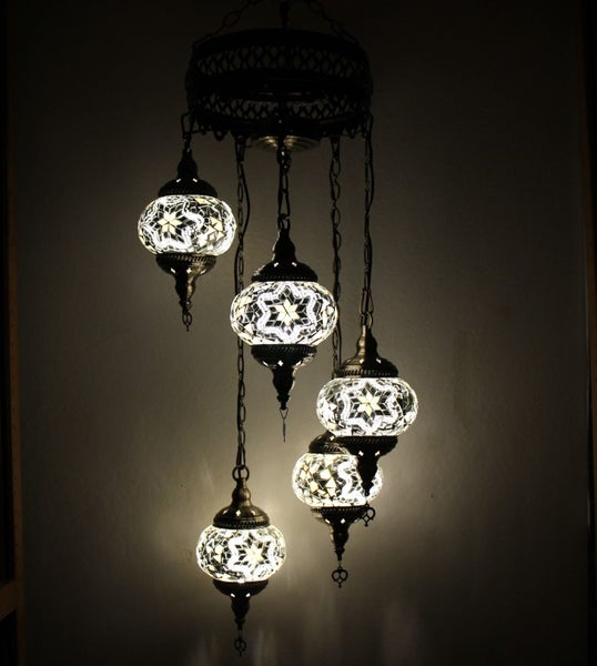 Turkish Mosaic Hanging Chandelier 5 globe White Carousel 1