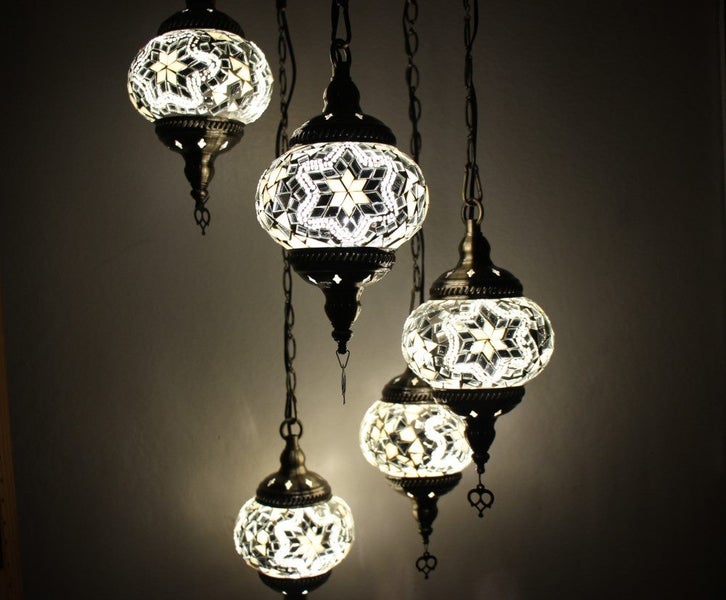 Turkish Mosaic Hanging Chandelier 5 globe White Carousel 2