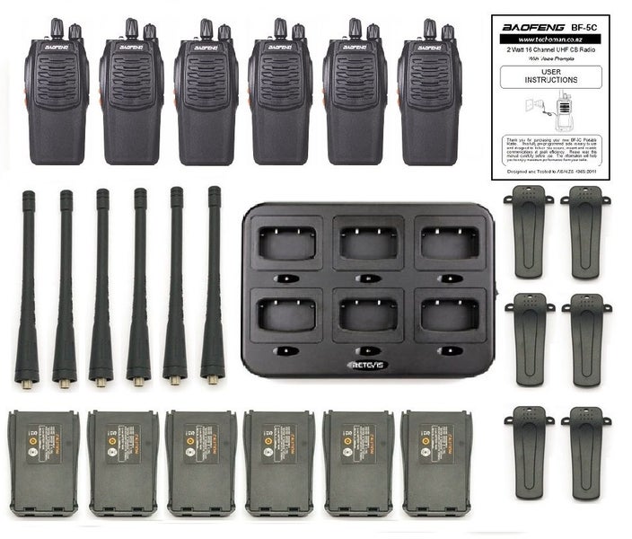6x Baofeng BF-5C 2 WATT UHF PRS CB Walkie Talkies - 16 Channels & 6-way Charger Carousel 18