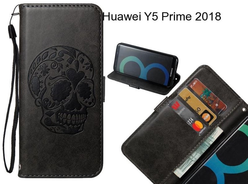 Huawei Y5 Prime 2018 case skull vintage leather wallet case Carousel 1