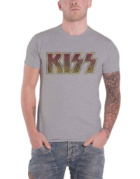 Kiss T Shirt Vintage Classic Band Logo distressed new Official Mens Grey Carousel 1