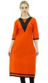 Bimba Women's Cotton 3/4 Sleeve Orange solid Pattern Kurta Contrast