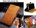Moto g8 power lite case leather wallet slim cow hide finish side magnet brn