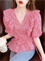 Women Summer Blouse Shirts Sexy V Neck Ruffle Blouses Backless