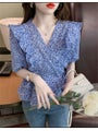 Women Summer Blouse Shirts Sexy V Neck Ruffle Blouses Backless