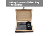 Whiskey Stones Set - 9 Granite Whiskey Rocks / Wooden Box / Velvet Bag /