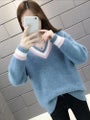 Knitted Women's Faux Mink Fleece V neck Sweater Long Sleeve Loose