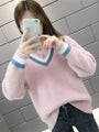 Knitted Women's Faux Mink Fleece V neck Sweater Long Sleeve Loose