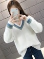 Knitted Women's Faux Mink Fleece V neck Sweater Long Sleeve Loose