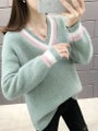 Knitted Women's Faux Mink Fleece V neck Sweater Long Sleeve Loose