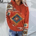 Women Vintage Boho Printed Hooded Sweatshirt Autumn Female Long