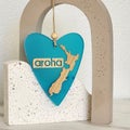 Hanging Ornament - Heart 7 Aroha NZ (Teal Satin Acrylic)