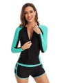 Zipper Front Long Sleeve Two-Pieces Women Swimsuit Tee &amp; Hipster Bottom Rashguar