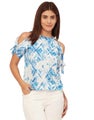 Moomaya Cold Shoulder Band Collar Short Sleeve Printed Top - Women's Trendy