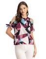 Moomaya Cold Shoulder Band Collar Short Sleeve Printed Top - Women's Trendy