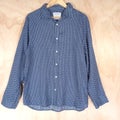 Gasoline Blue Button Up Shirt with White Print Pattern Size L 100% Linen