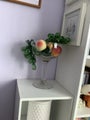 Retro stemmed fruit bowl with glass and fake fruit