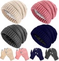 4 Sets Winter Knitted Beanie Hat Glove Set for Women Soft Warm Hat Touchscr