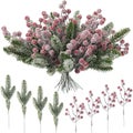 Christmas Artificial Pine Branches Holly Red Berry Stems Fake Greenery Pine