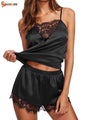 Women's Pajama Sets Sexy Lingerie Lace Satin Sleepwear Cami Shorts V Neck B