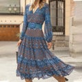 Boho Dresses for Women, Deep V Neck High Waist Floral Print Ruffle Casual D