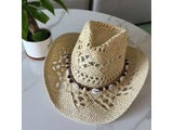 Vintage Summer Beach Bohemian Straw Hat Shell Women Men Western Cowboy Hats
