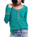 Free People Womens Embroidered Thermal Henley Shirt