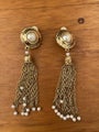 vintage-style gold-tone tassel clip-on earrings featuring faux pearl accents