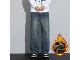 Men's Winter Warm Wide Leg Fleece Jeans Casual Denim Pants